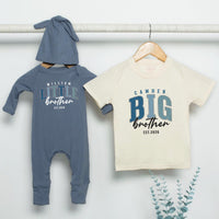 Personalized Big Brother Little Brother Matching Shirts Custom Name Sibling Set Baby Bodysuit Toddler Outfit Modern Collegiate Design Gift
