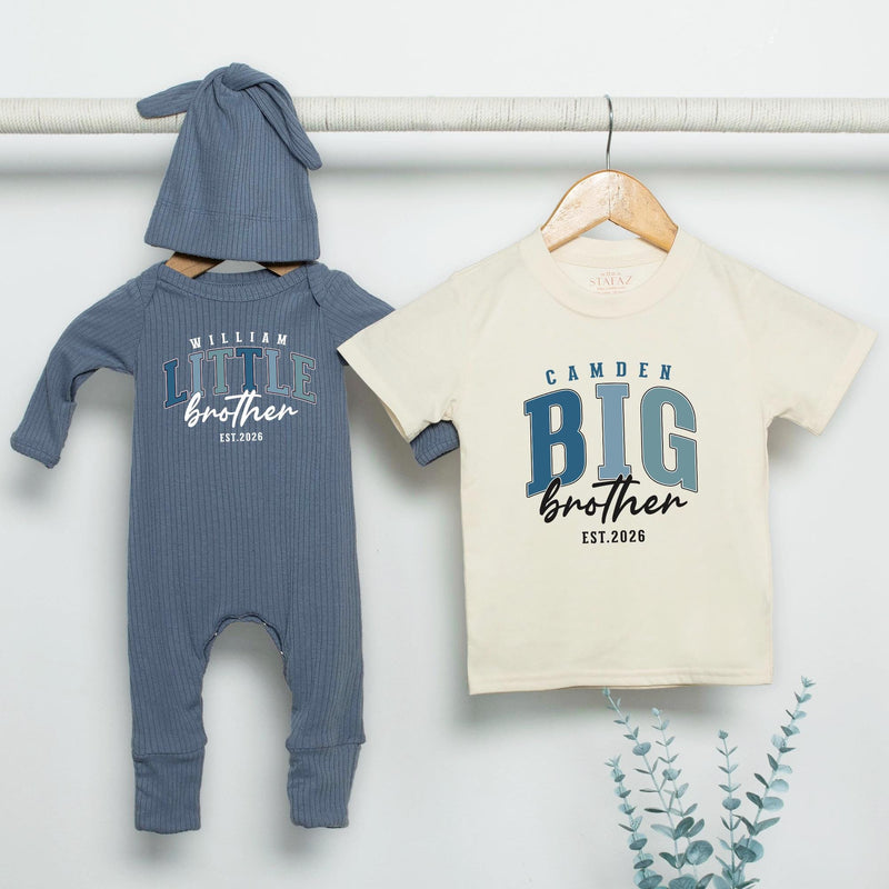 Personalized Big Brother Little Brother Matching Shirts Custom Name Sibling Set Baby Bodysuit Toddler Outfit Modern Collegiate Design Gift