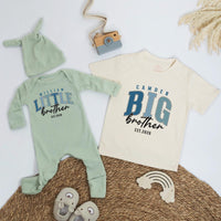 Personalized Big Brother Little Brother Matching Shirts Custom Name Sibling Set Baby Bodysuit Toddler Outfit Modern Collegiate Design Gift