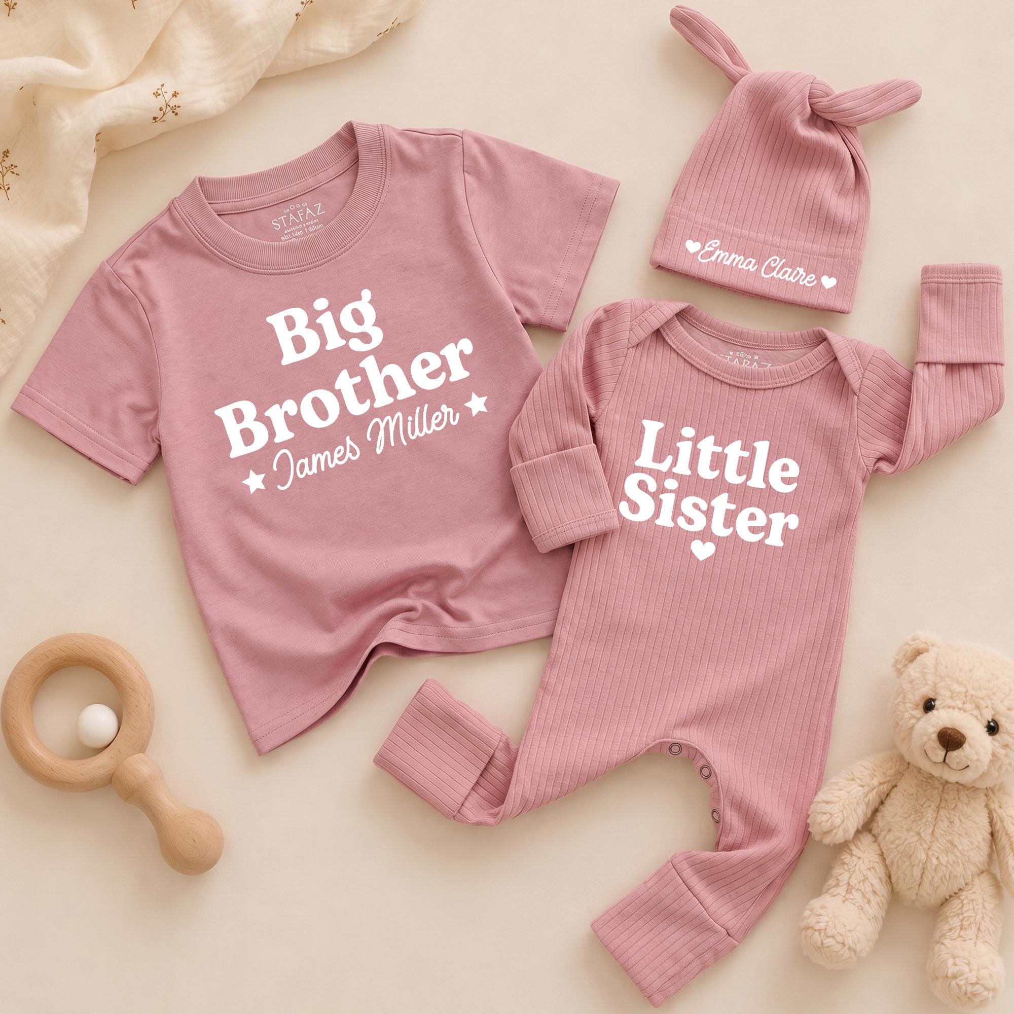 Personalized Big Brother Little Sister Matching Outfits, Custom Matching Sibling Outfits Baby Romper and Shirt Set, Soft Cotton Sibling Gift for Kids
