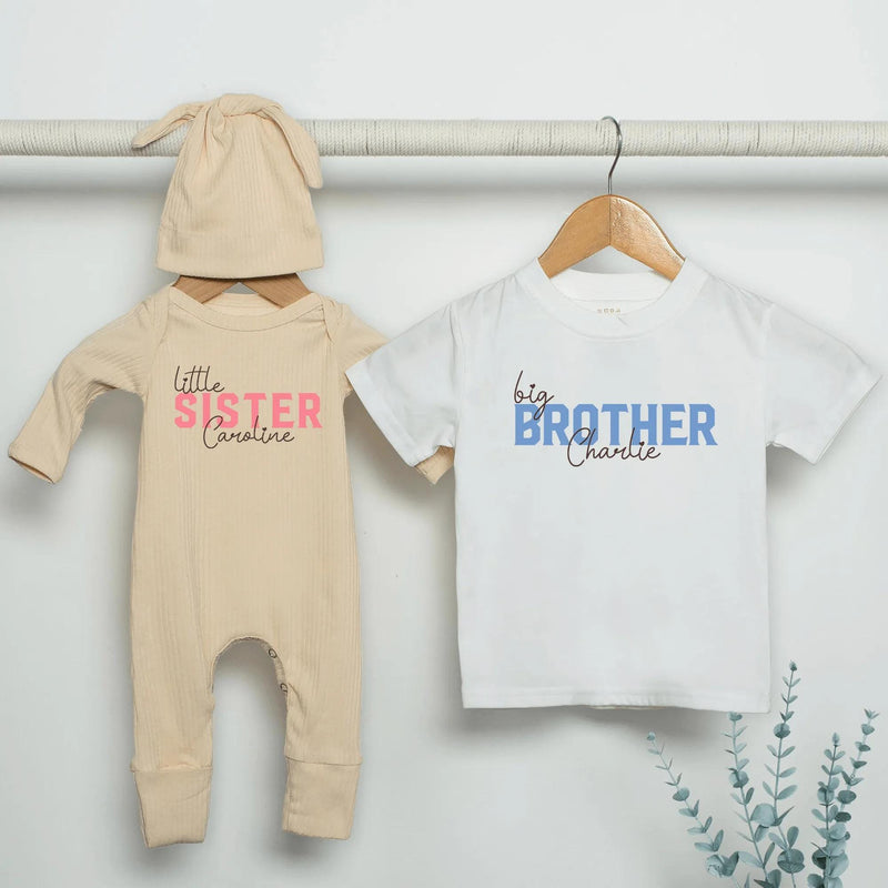 Personalized Big Brother Little Sister Matching Shirts Soft Cotton Outfit Custom Names Modern Minimalist Design Baby Toddler Gift