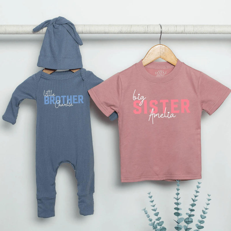 Personalized Big Brother Little Sister Matching Shirts Soft Cotton Outfit Custom Names Modern Minimalist Design Baby Toddler Gift