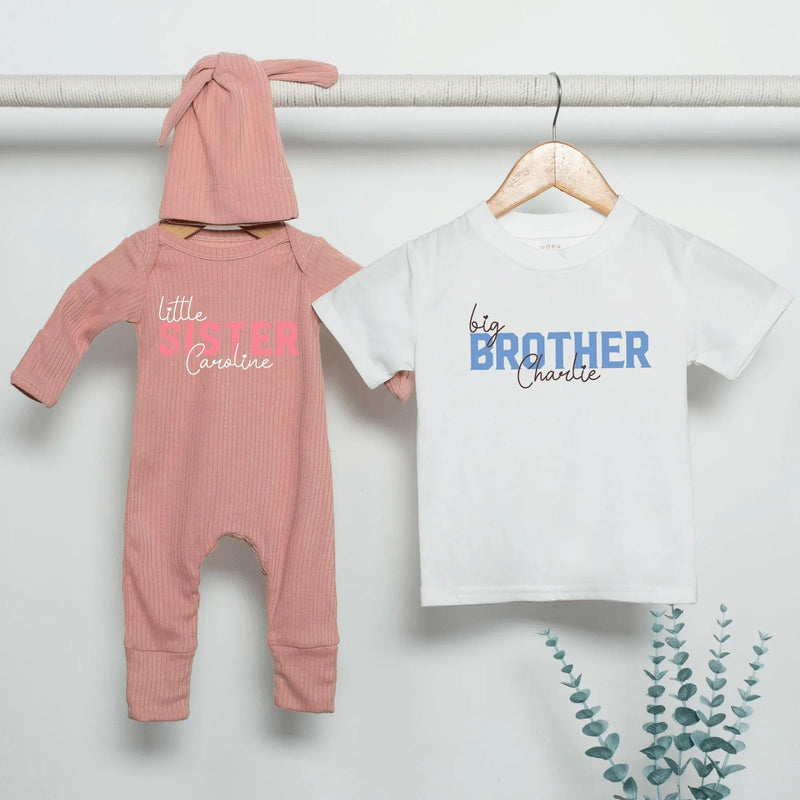 Personalized Big Brother Little Sister Matching Shirts Soft Cotton Outfit Custom Names Modern Minimalist Design Baby Toddler Gift
