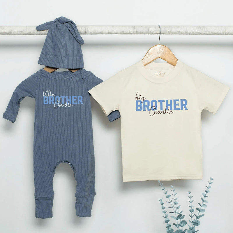Personalized Big Brother Little Sister Matching Shirts Soft Cotton Outfit Custom Names Modern Minimalist Design Baby Toddler Gift