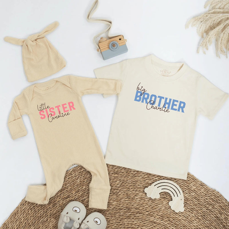 Personalized Big Brother Little Sister Matching Shirts Soft Cotton Outfit Custom Names Modern Minimalist Design Baby Toddler Gift