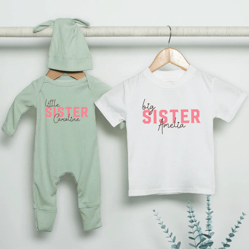 Personalized Big Brother Little Sister Matching Shirts Soft Cotton Outfit Custom Names Modern Minimalist Design Baby Toddler Gift