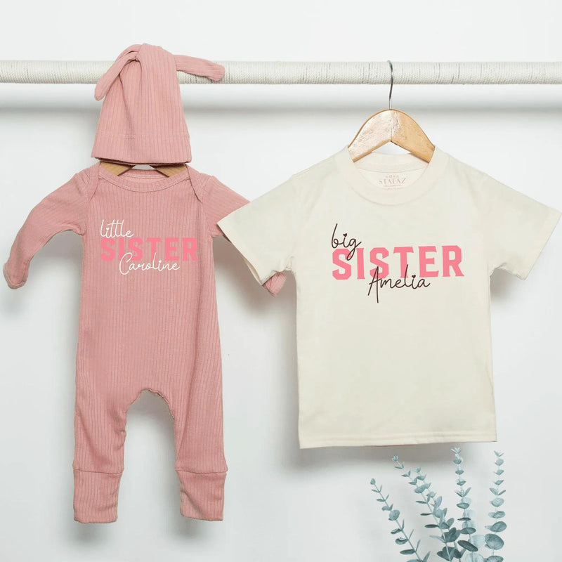 Personalized Big Brother Little Sister Matching Shirts Soft Cotton Outfit Custom Names Modern Minimalist Design Baby Toddler Gift