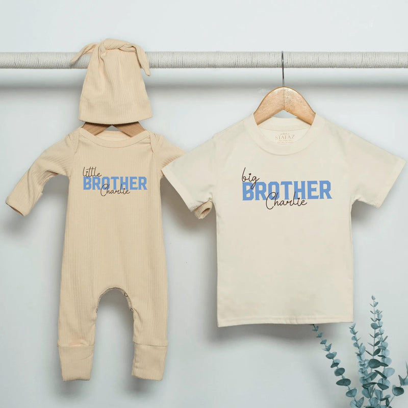 Personalized Big Brother Little Sister Matching Shirts Soft Cotton Outfit Custom Names Modern Minimalist Design Baby Toddler Gift