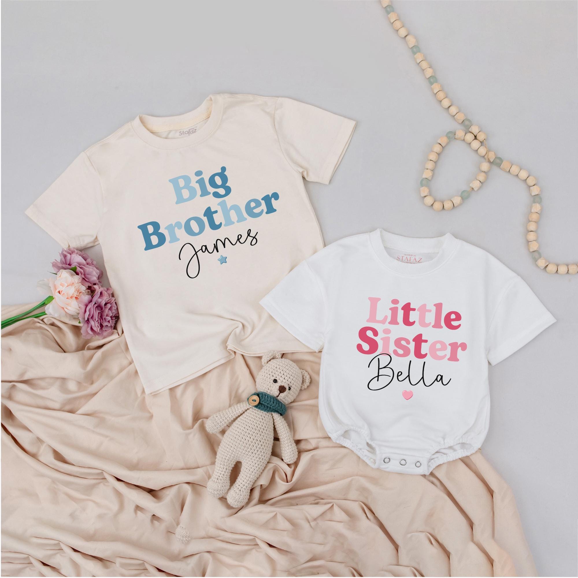 Personalized Big Brother Little Sister Matching Shirts with Custom Names, Baby Toddler Sibling Outfits, Soft Cotton Birthday Gift Clothes