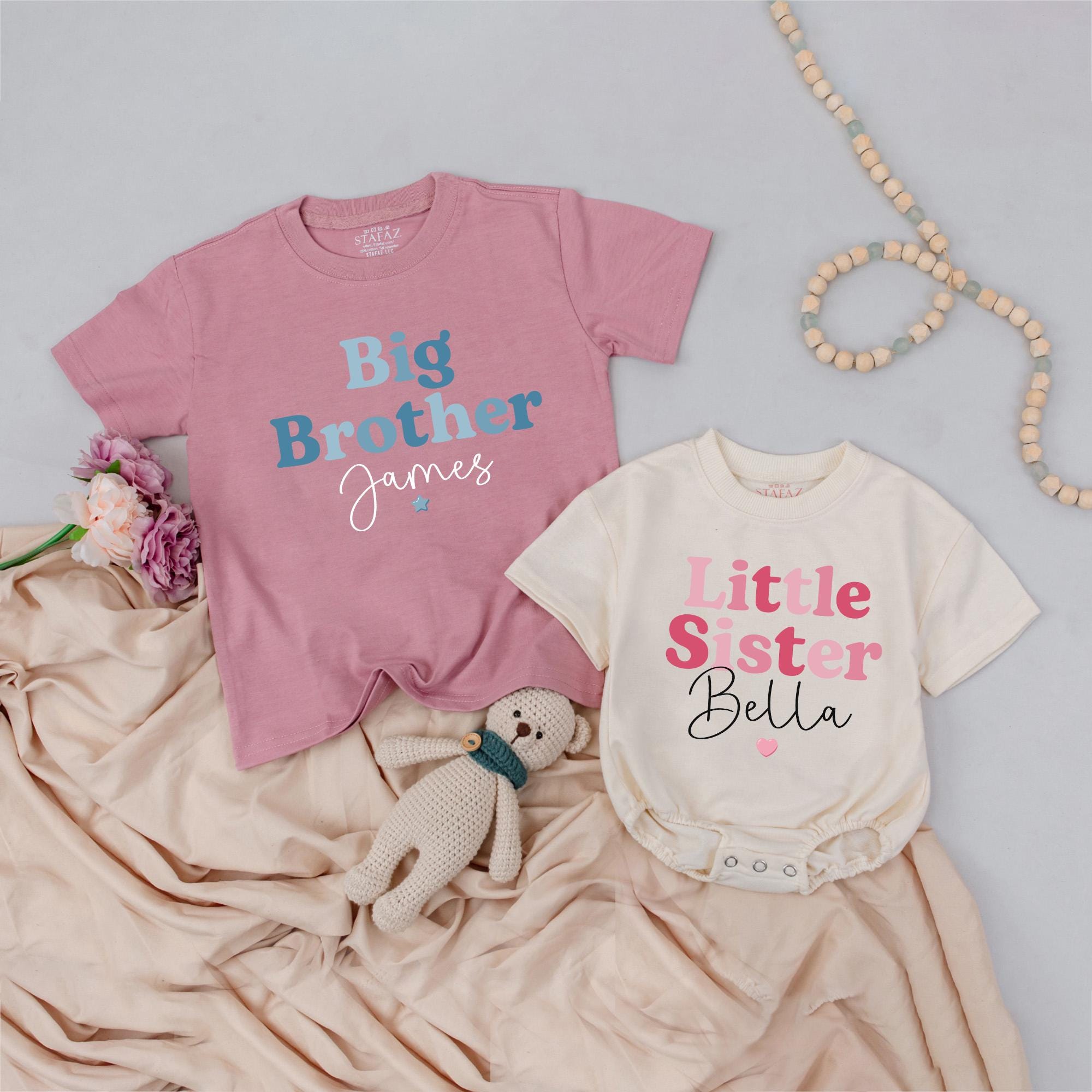 Personalized Big Brother Little Sister Matching Shirts with Custom Names, Baby Toddler Sibling Outfits, Soft Cotton Birthday Gift Clothes