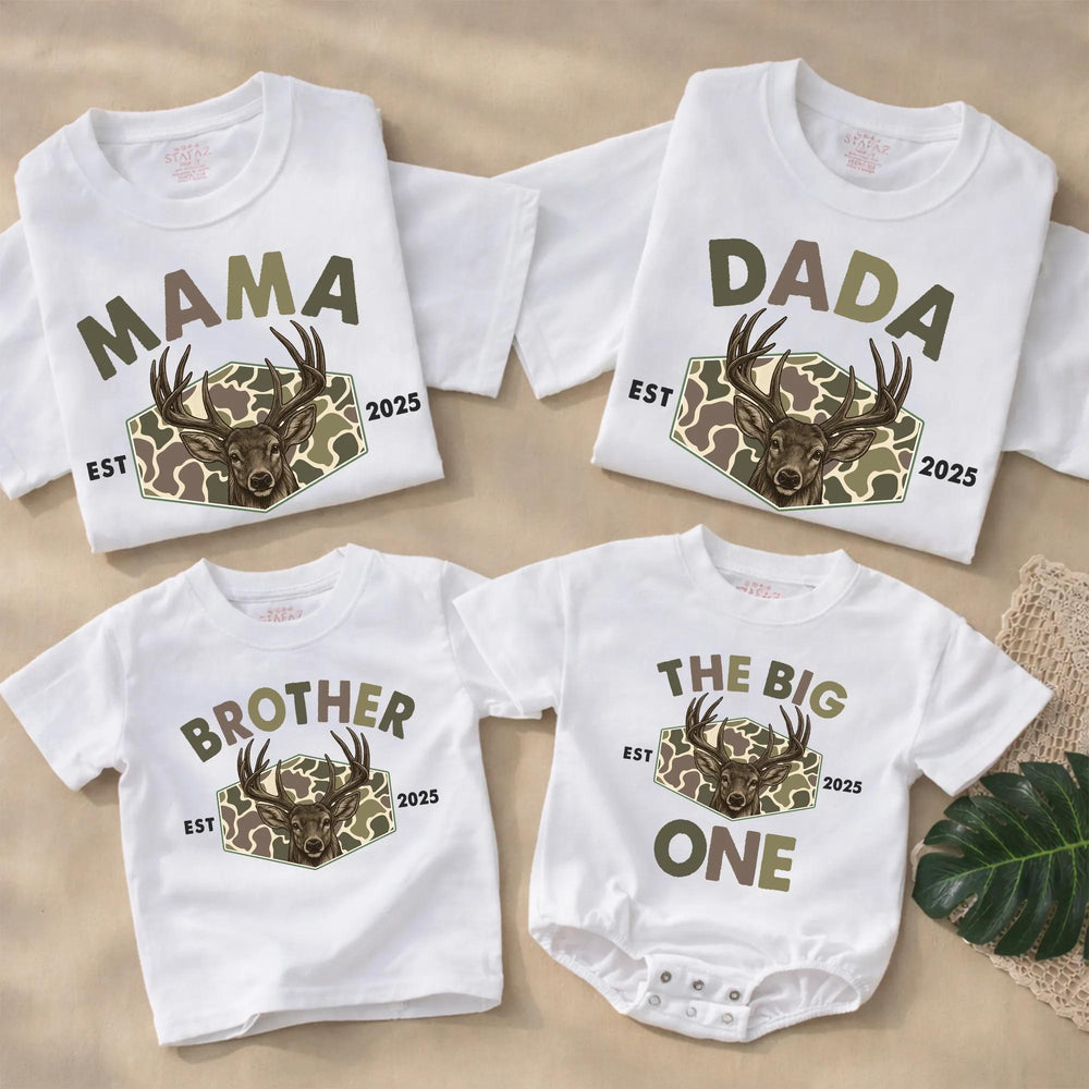 Personalized The Big One Deer Romper for Baby Boy First Birthday Outfit, Hunting Theme Camouflage Family Matching Shirts 2025 Celebration