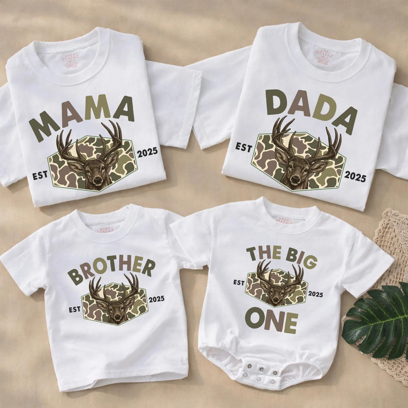 Personalized The Big One Deer Romper for Baby Boy First Birthday Outfit, Hunting Theme Camouflage Family Matching Shirts 2025 Celebration
