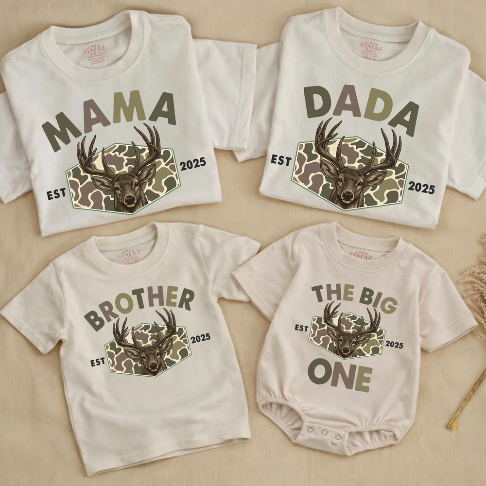 Personalized The Big One Deer Romper for Baby Boy First Birthday Outfit, Hunting Theme Camouflage Family Matching Shirts 2025 Celebration