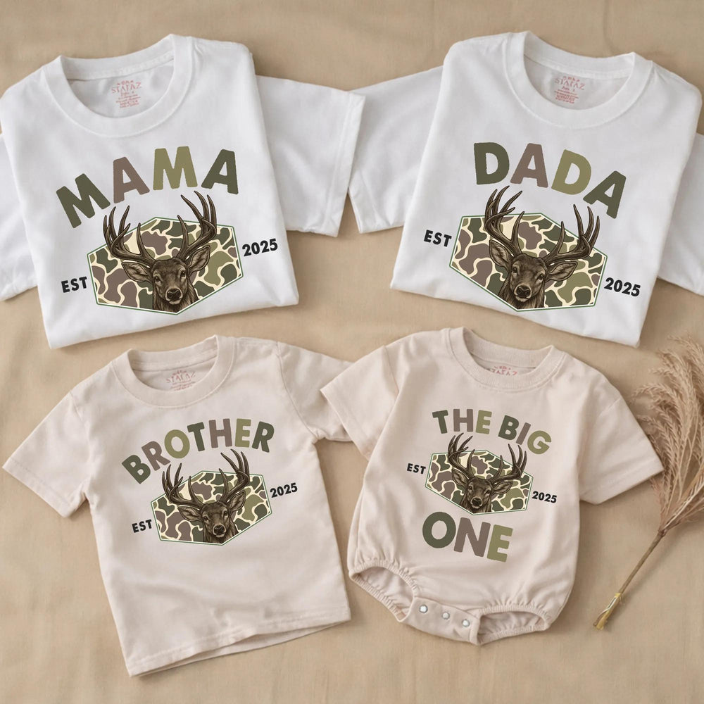 Personalized The Big One Deer Romper for Baby Boy First Birthday Outfit, Hunting Theme Camouflage Family Matching Shirts 2025 Celebration