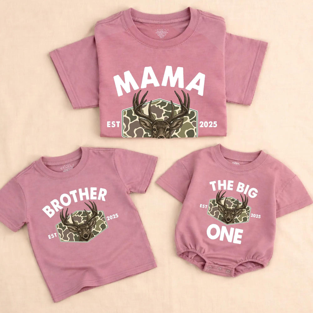 Personalized The Big One Deer Romper for Baby Boy First Birthday Outfit, Hunting Theme Camouflage Family Matching Shirts 2025 Celebration