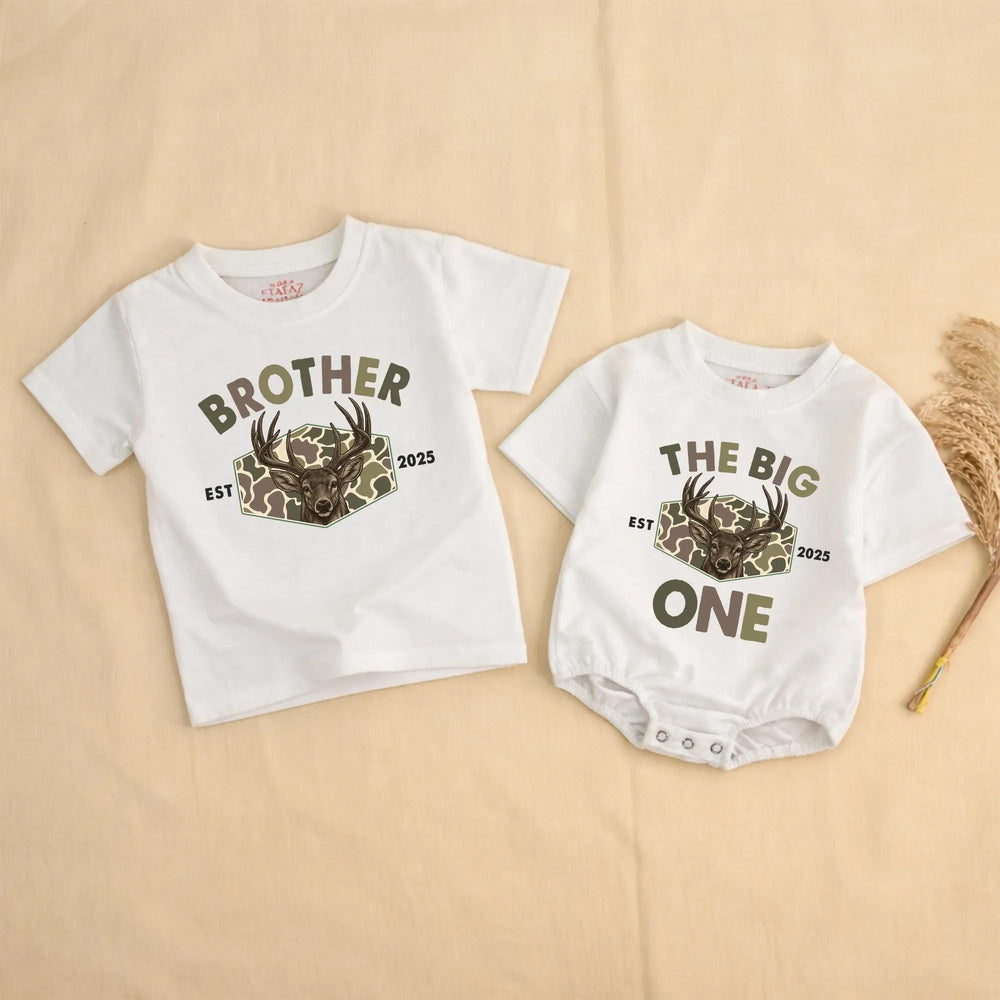 Personalized The Big One Deer Romper for Baby Boy First Birthday Outfit, Hunting Theme Camouflage Family Matching Shirts 2025 Celebration