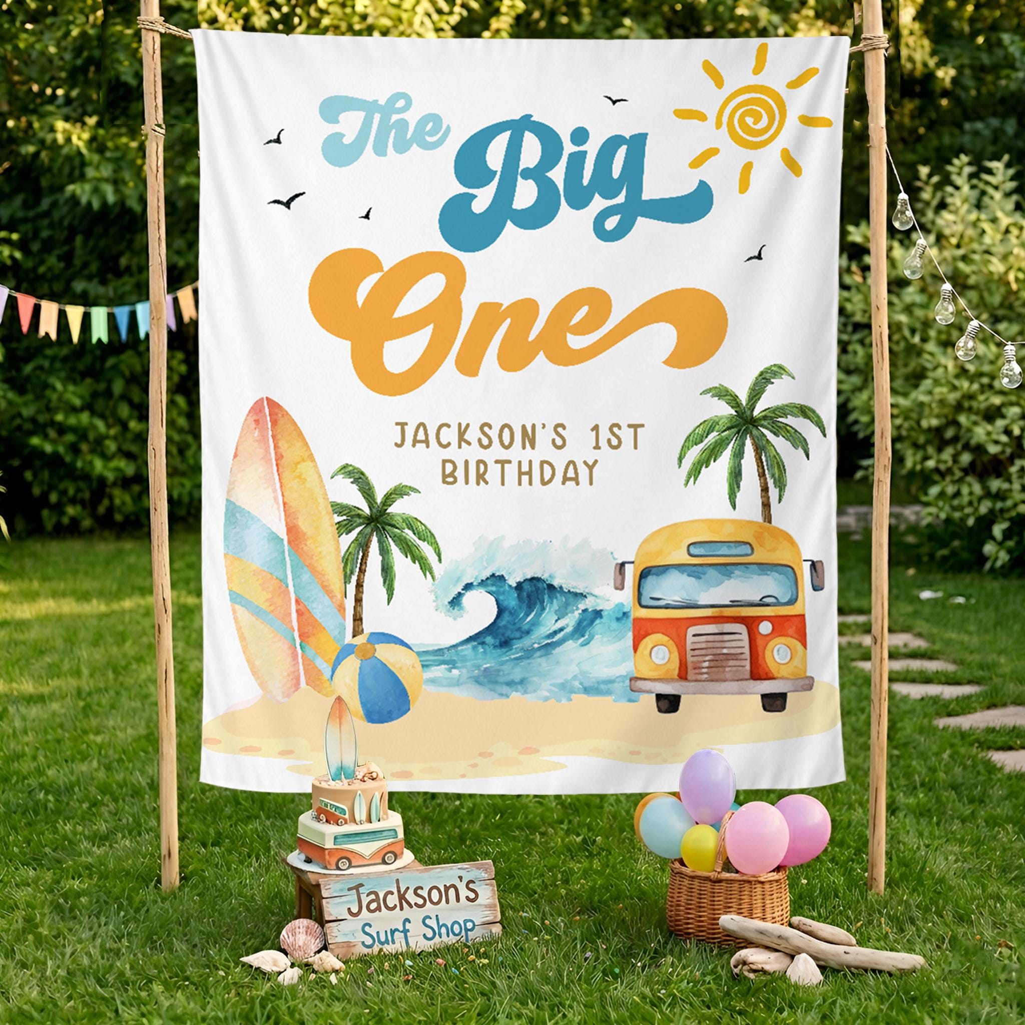 Personalized The Big One First Birthday Banner with Tropical Surf Beach Theme, Custom Name Party Backdrop for Baby Boy or Girl Celebration