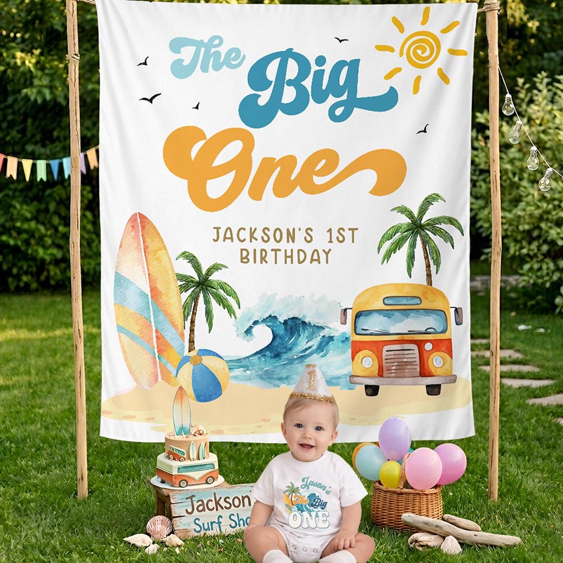 Personalized The Big One First Birthday Banner with Tropical Surf Beach Theme, Custom Name Party Backdrop for Baby Boy or Girl Celebration