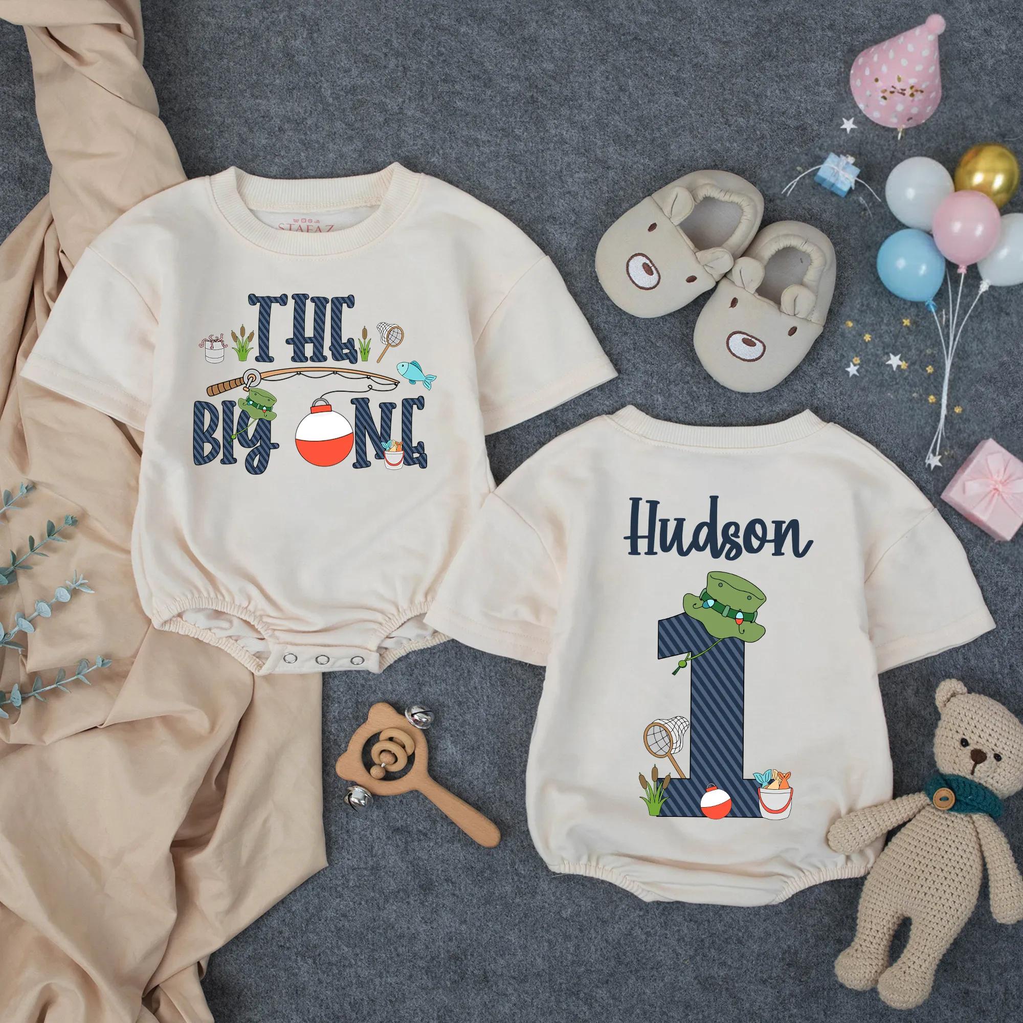 Personalized The Big One First Birthday Romper Fishing Theme Baby Toddler Outfit Custom Name Blue Pinstriped Design Boy Party Clothes