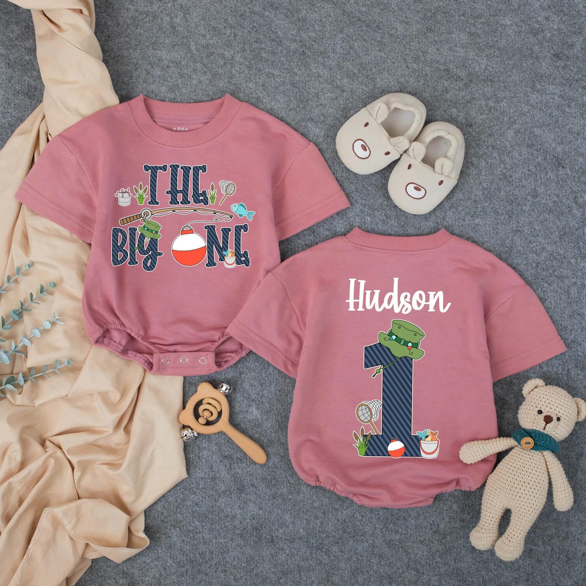 Personalized The Big One First Birthday Romper Fishing Theme Baby Toddler Outfit Custom Name Blue Pinstriped Design Boy Party Clothes