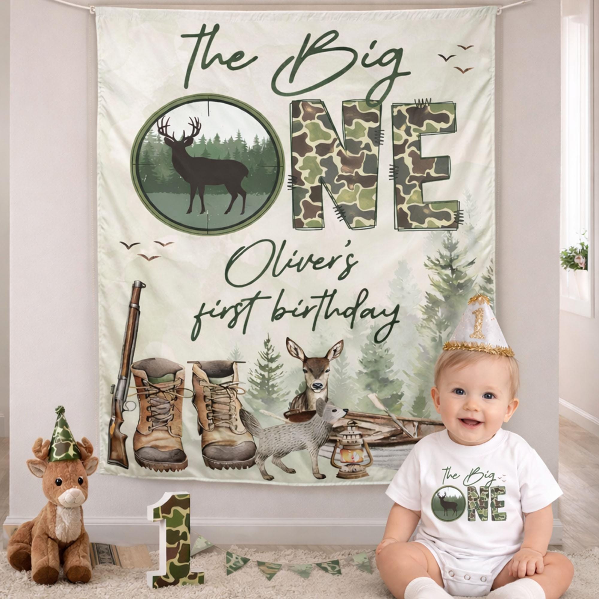Personalized The Big One Hunting 1st Birthday Banner and Romper Camo Deer Party Decor for Boy Baby First Birthday Celebration Gift