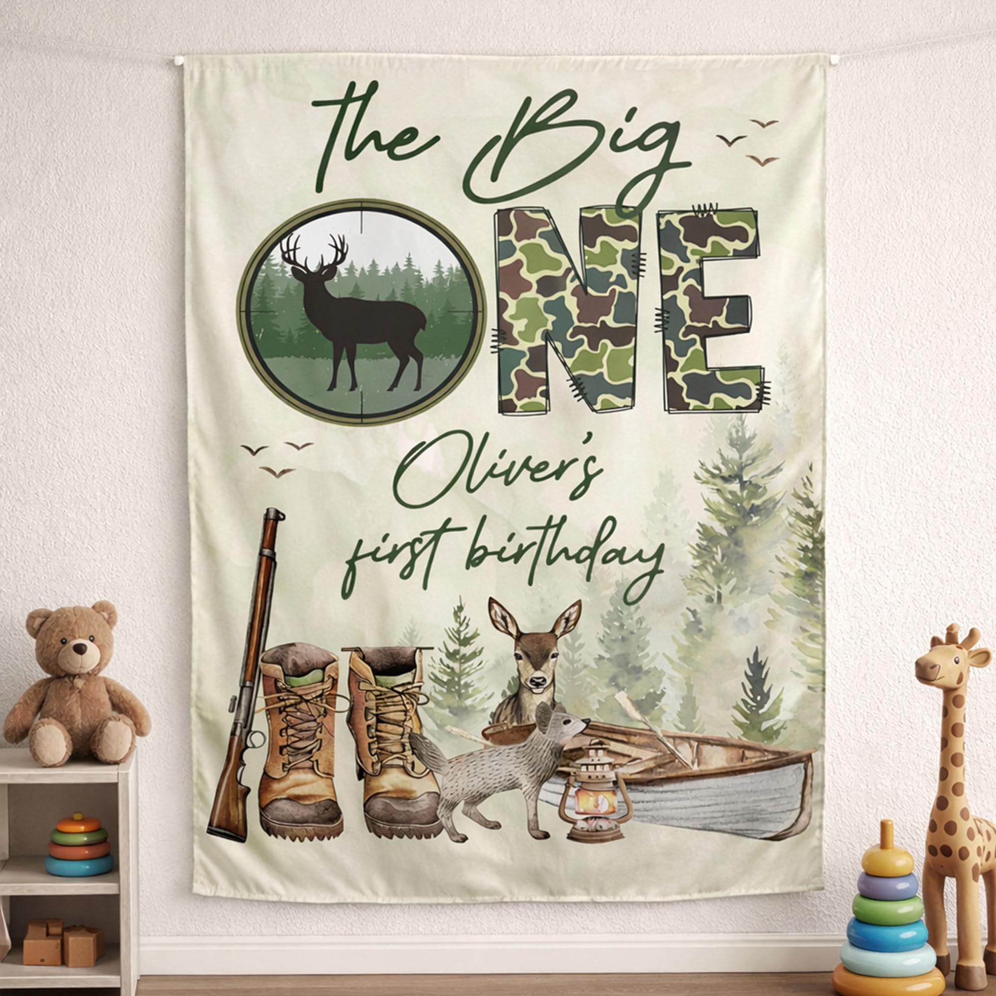 Personalized The Big One Hunting 1st Birthday Banner and Romper Camo Deer Party Decor for Boy Baby First Birthday Celebration Gift