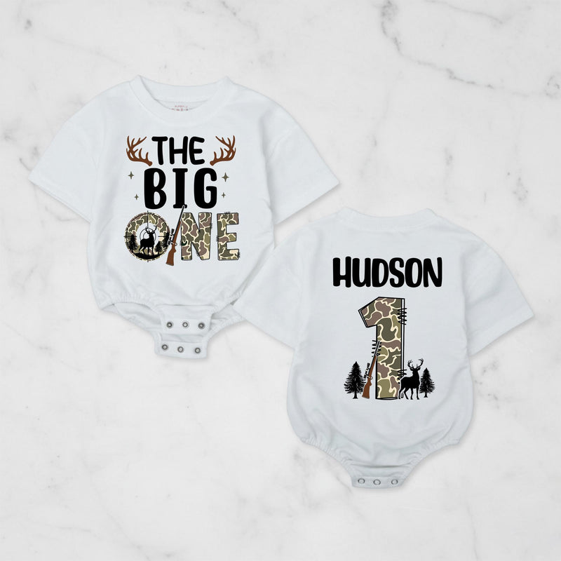 Personalized The Big One Hunting 1st Birthday Romper with Deer Antlers and Rifle Graphic, Toddler Boy Outfit Camouflage Design Gift