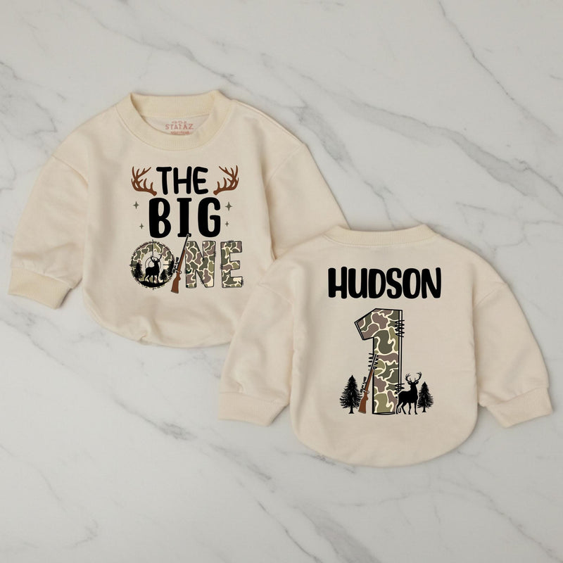 Personalized The Big One Hunting 1st Birthday Romper with Deer Antlers and Rifle Graphic, Toddler Boy Outfit Camouflage Design Gift