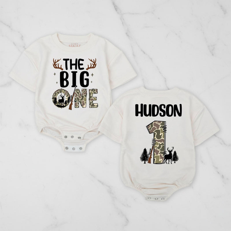 Personalized The Big One Hunting 1st Birthday Romper with Deer Antlers and Rifle Graphic, Toddler Boy Outfit Camouflage Design Gift