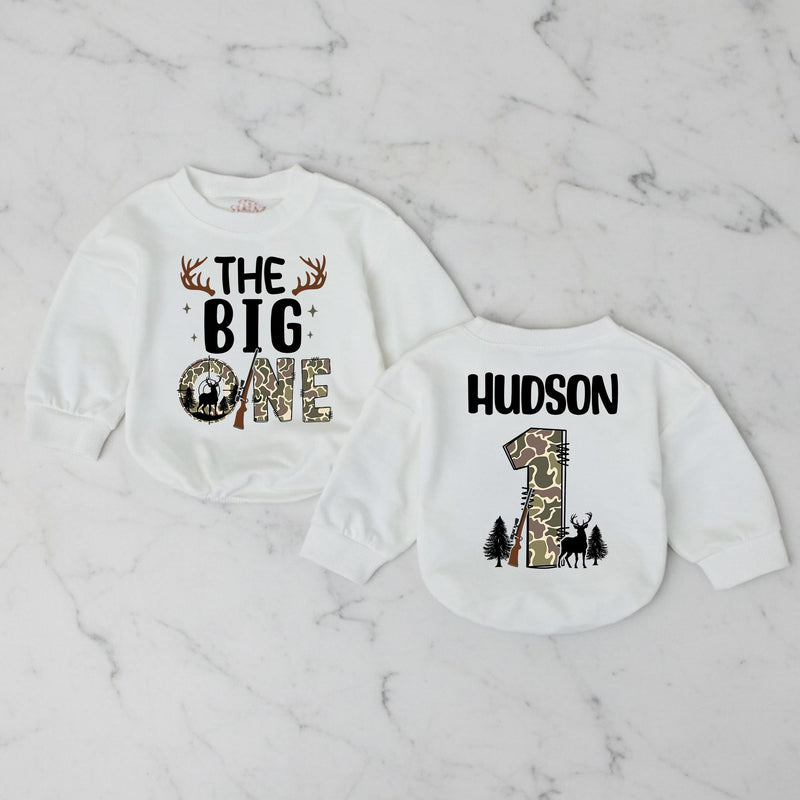 Personalized The Big One Hunting 1st Birthday Romper with Deer Antlers and Rifle Graphic, Toddler Boy Outfit Camouflage Design Gift