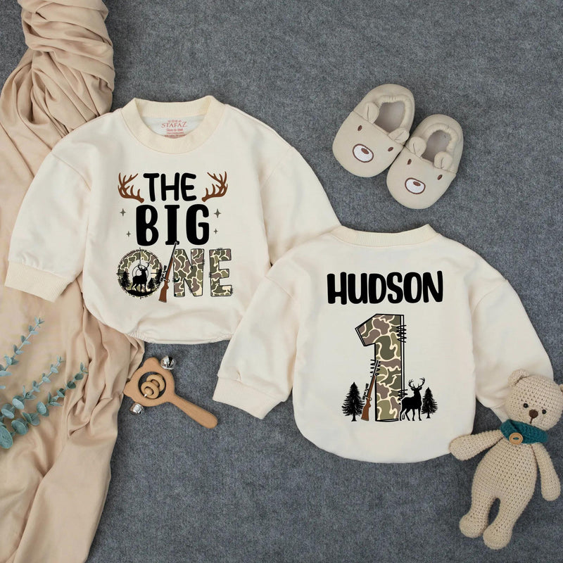 Personalized The Big One Hunting Birthday Baby Romper for Boys, 1st Birthday Outfit with Deer Rifle Design, Toddler Southern Gift Clothes