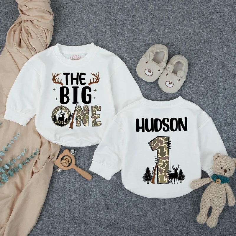 Personalized The Big One Hunting Birthday Baby Romper for Boys, 1st Birthday Outfit with Deer Rifle Design, Toddler Southern Gift Clothes