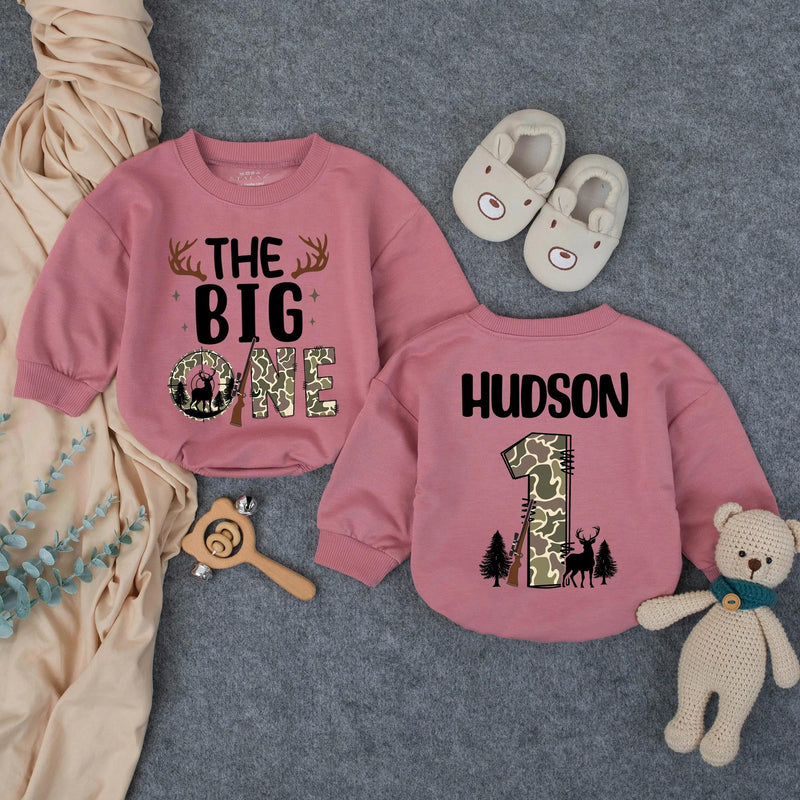 Personalized The Big One Hunting Birthday Baby Romper for Boys, 1st Birthday Outfit with Deer Rifle Design, Toddler Southern Gift Clothes