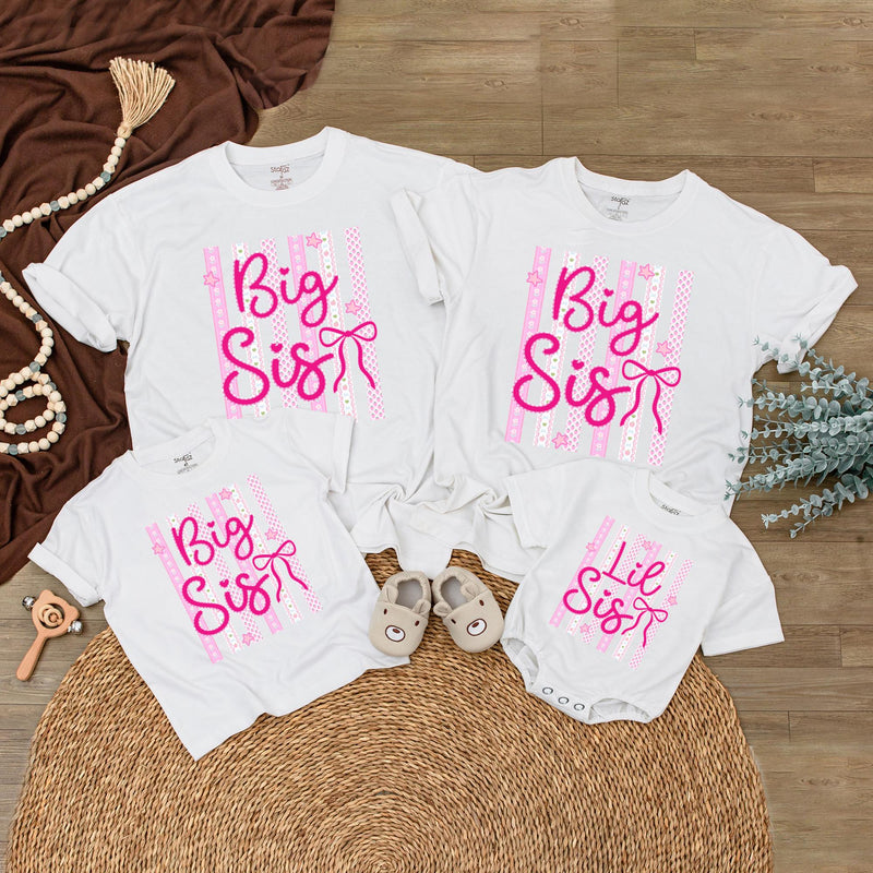 Personalized Big Sis Lil Sis Matching Shirts for Baby and Kids, Custom Sibling Outfit with Pink Bow Design, Soft Cotton Romper for Girls