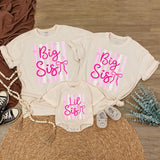 Personalized Big Sis Lil Sis Matching Shirts for Baby and Kids, Custom Sibling Outfit with Pink Bow Design, Soft Cotton Romper for Girls