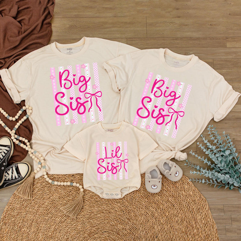 Personalized Big Sis Lil Sis Matching Shirts for Baby and Kids, Custom Sibling Outfit with Pink Bow Design, Soft Cotton Romper for Girls