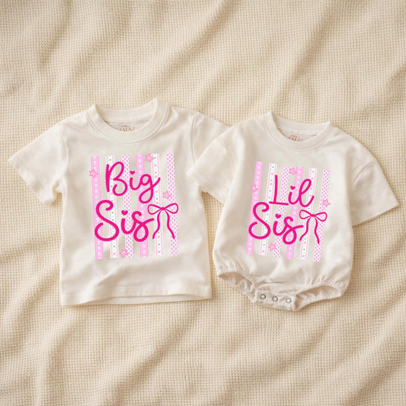 Personalized Big Sis Lil Sis Matching Shirts for Baby and Kids, Custom Sibling Outfit with Pink Bow Design, Soft Cotton Romper for Girls
