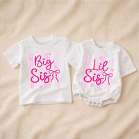 Personalized Big Sis Lil Sis Matching Shirts for Baby and Kids, Custom Sibling Outfit with Pink Bow Design, Soft Cotton Romper for Girls