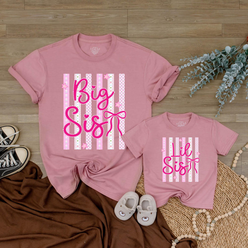 Personalized Big Sis Lil Sis Matching Shirts for Baby and Kids, Custom Sibling Outfit with Pink Bow Design, Soft Cotton Romper for Girls