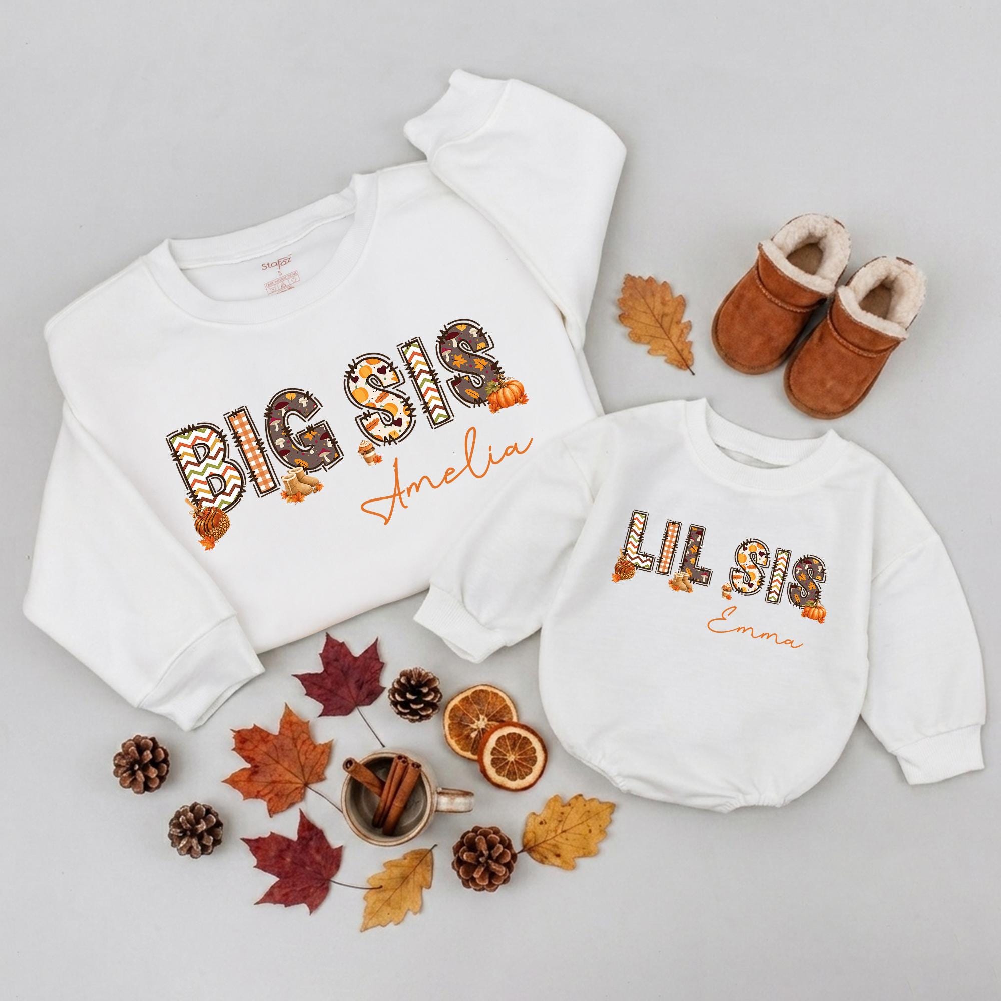 Personalized Big Sis Lil Sis Pumpkin Patch Fall Outfits for Baby Kids Adults in Soft Cotton Long Sleeve Romper and T-Shirt