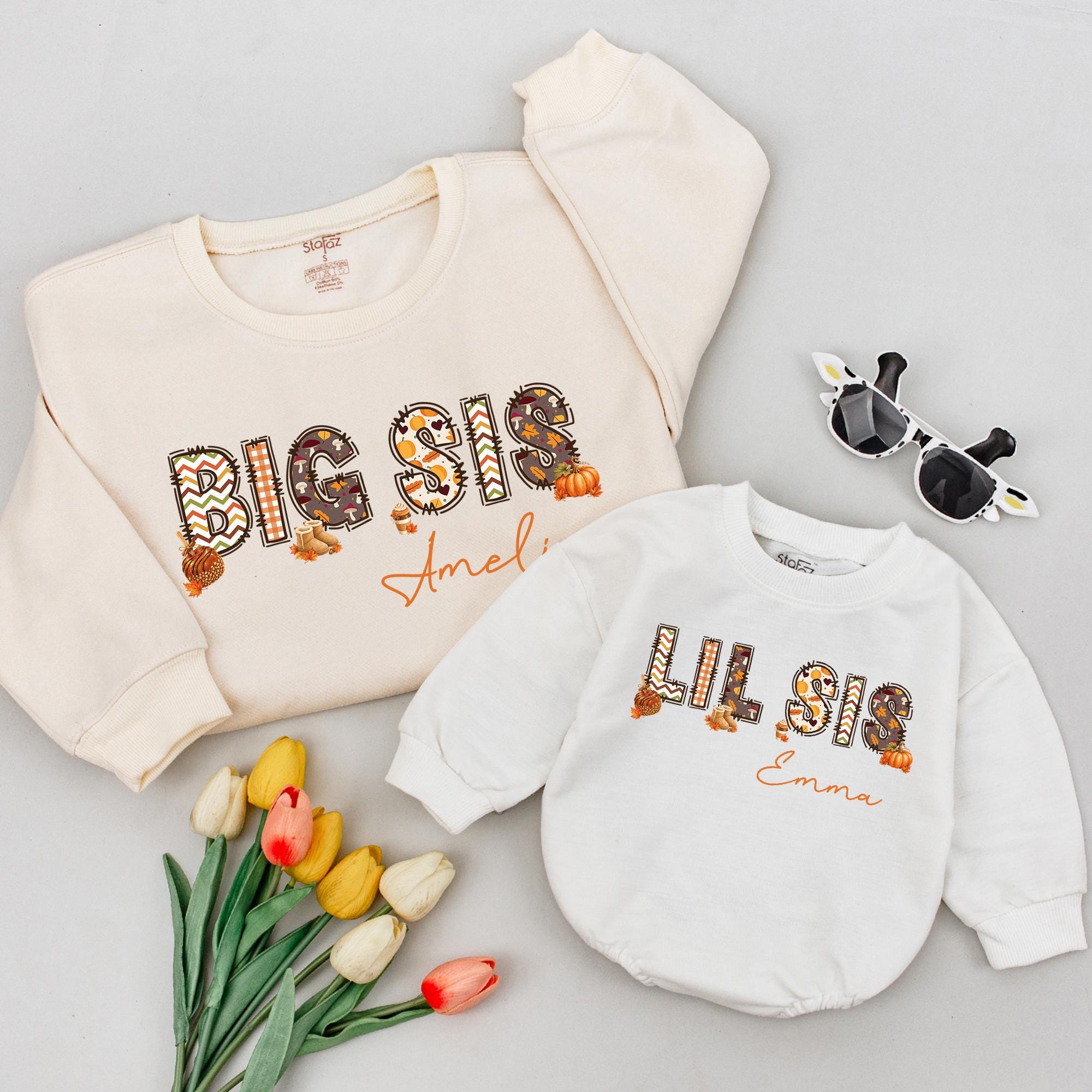 Personalized Big Sis Lil Sis Pumpkin Patch Fall Outfits for Baby Kids Adults in Soft Cotton Long Sleeve Romper and T-Shirt