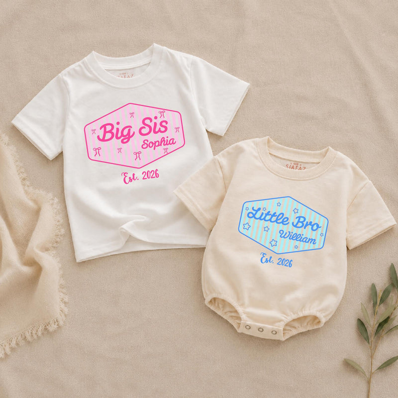 Personalized Big Sis Little Bro Sibling Shirt with Striped Design and Name Customization Pink or Blue Preppy Style Gift Est 2026