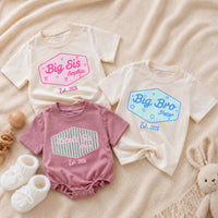 Personalized Big Sis Little Bro Sibling Shirt with Striped Design and Name Customization Pink or Blue Preppy Style Gift Est 2026