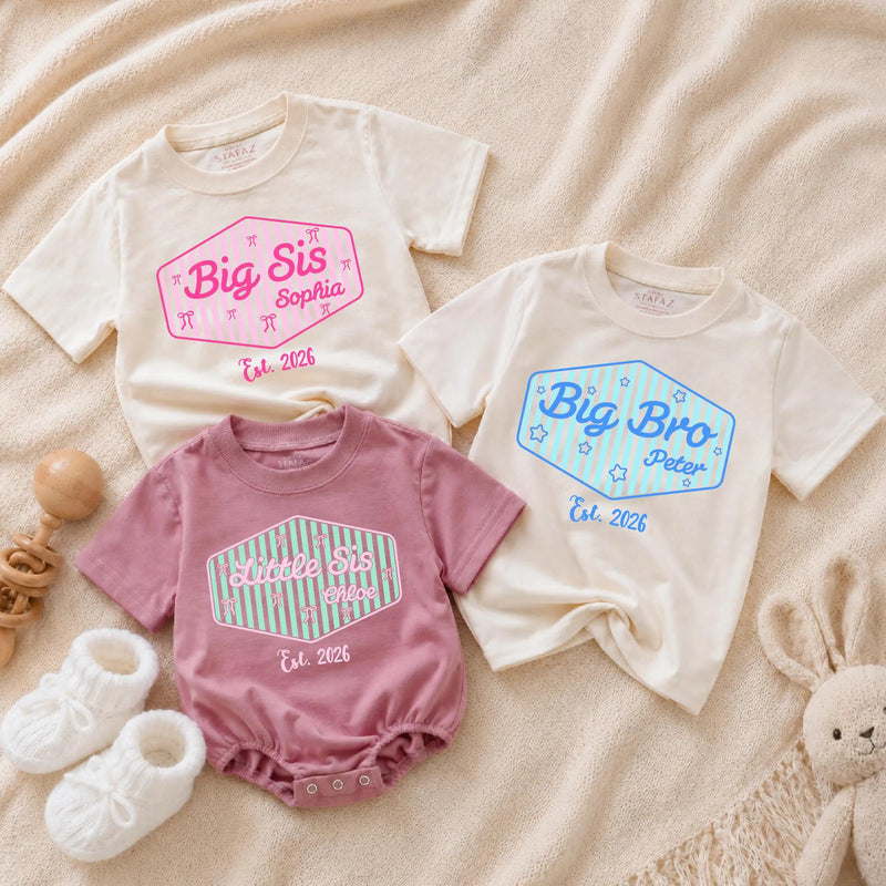 Personalized Big Sis Little Bro Sibling Shirt with Striped Design and Name Customization Pink or Blue Preppy Style Gift Est 2026