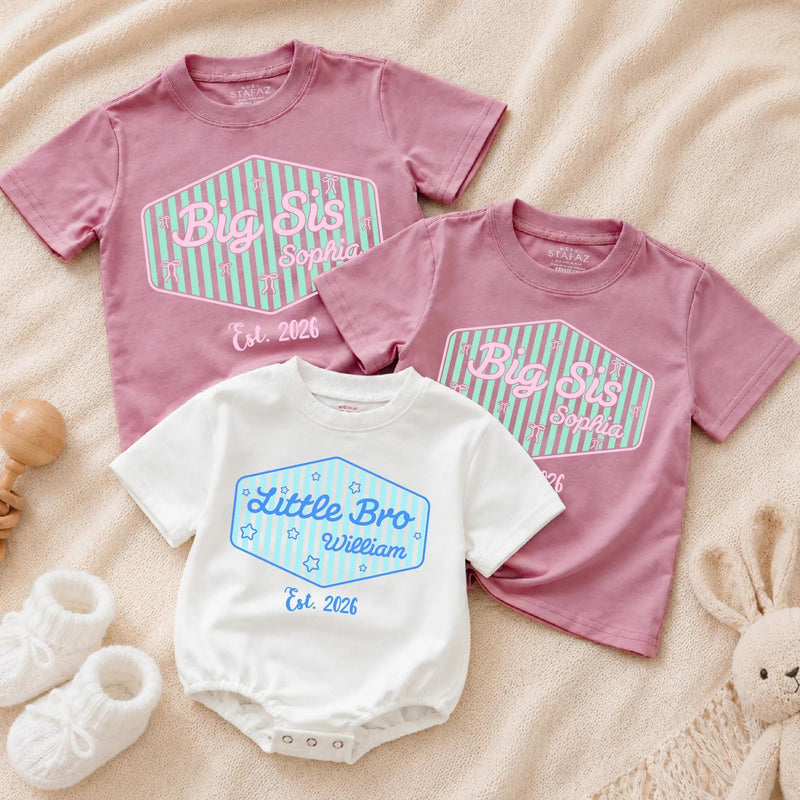 Personalized Big Sis Little Bro Sibling Shirt with Striped Design and Name Customization Pink or Blue Preppy Style Gift Est 2026