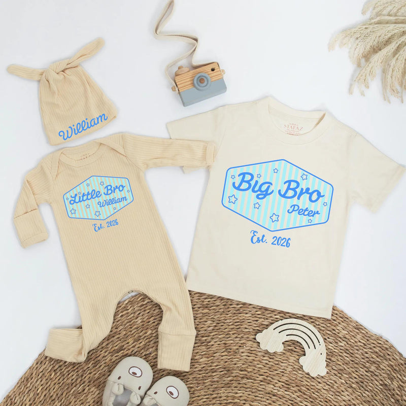 Personalized Big Sis Little Bro Sibling Shirt with Striped Design and Name Customization Pink or Blue Preppy Style Gift Est 2026