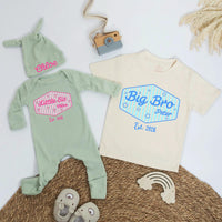 Personalized Big Sis Little Bro Sibling Shirt with Striped Design and Name Customization Pink or Blue Preppy Style Gift Est 2026
