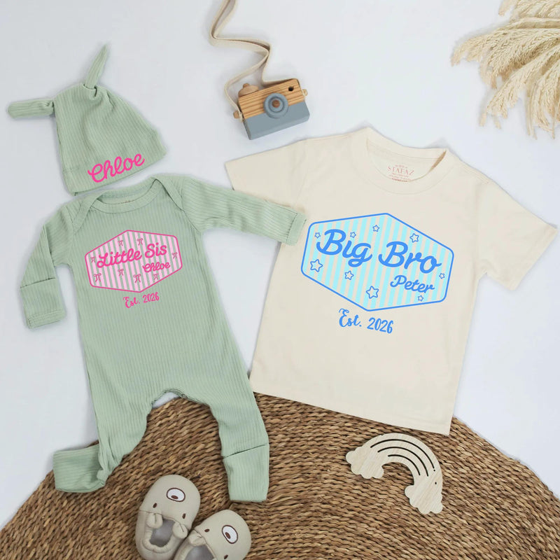 Personalized Big Sis Little Bro Sibling Shirt with Striped Design and Name Customization Pink or Blue Preppy Style Gift Est 2026