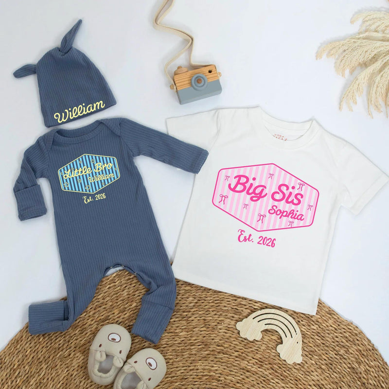 Personalized Big Sis Little Bro Sibling Shirt with Striped Design and Name Customization Pink or Blue Preppy Style Gift Est 2026