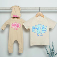 Personalized Big Sis Little Bro Sibling Shirt with Striped Design and Name Customization Pink or Blue Preppy Style Gift Est 2026